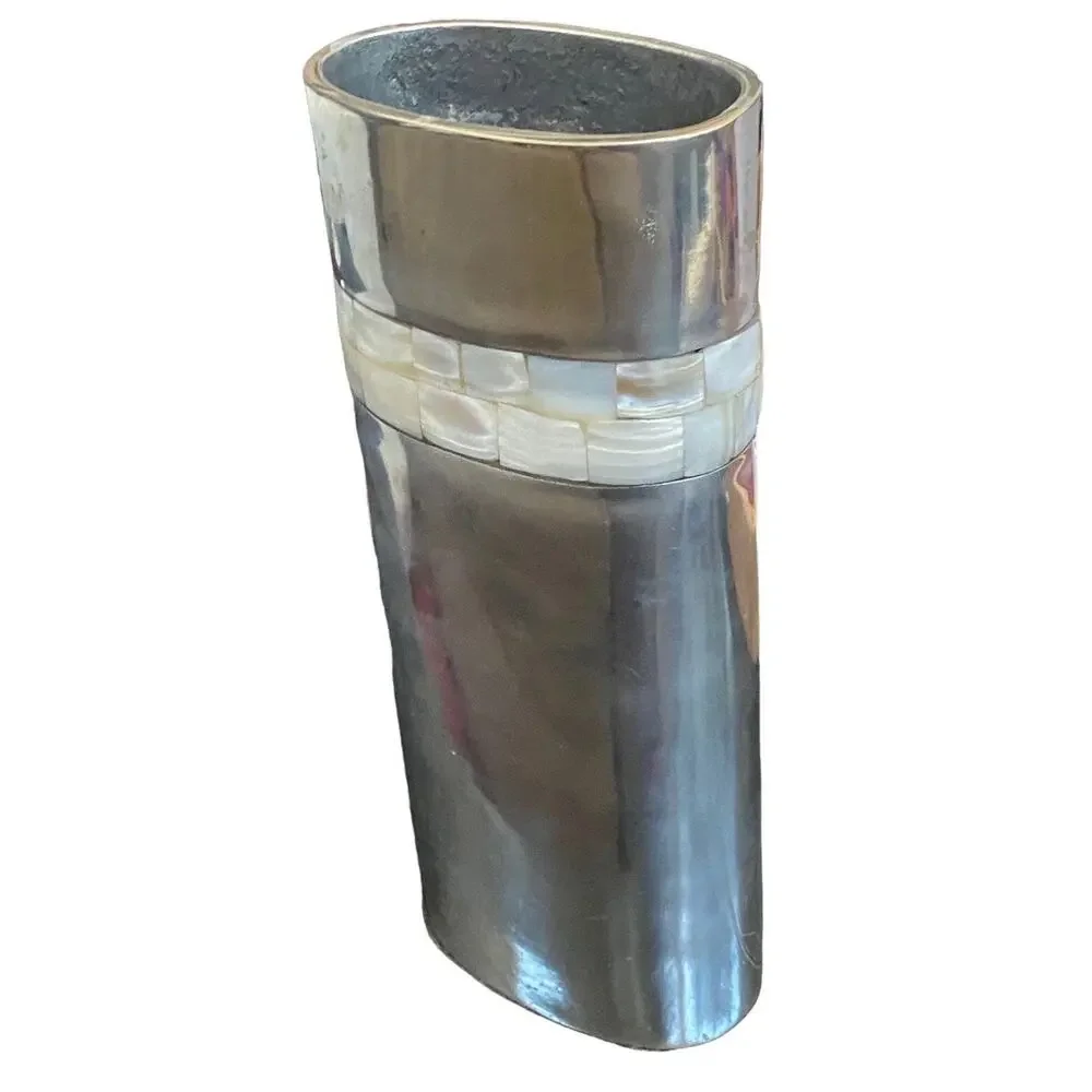 Silver Tone Mother Of Pearl Inlaid Tile Vase 8” Magenta Inc Cylinder Shell Boho